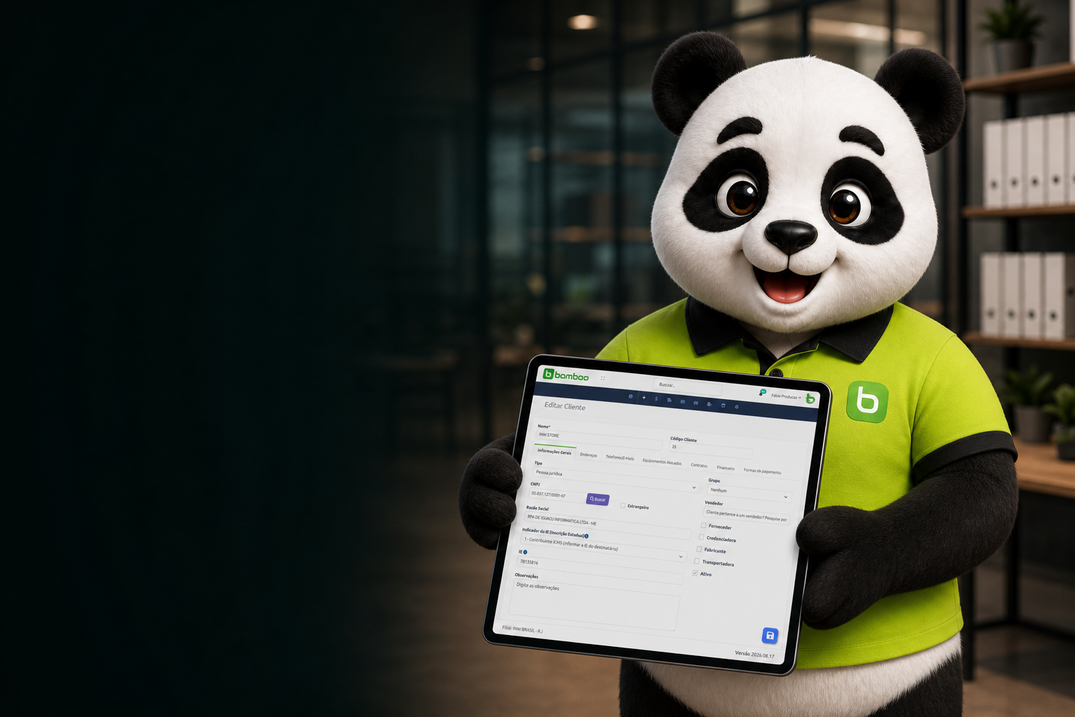 Mascote Bamboo com tablet aberto em cadastro de cliente