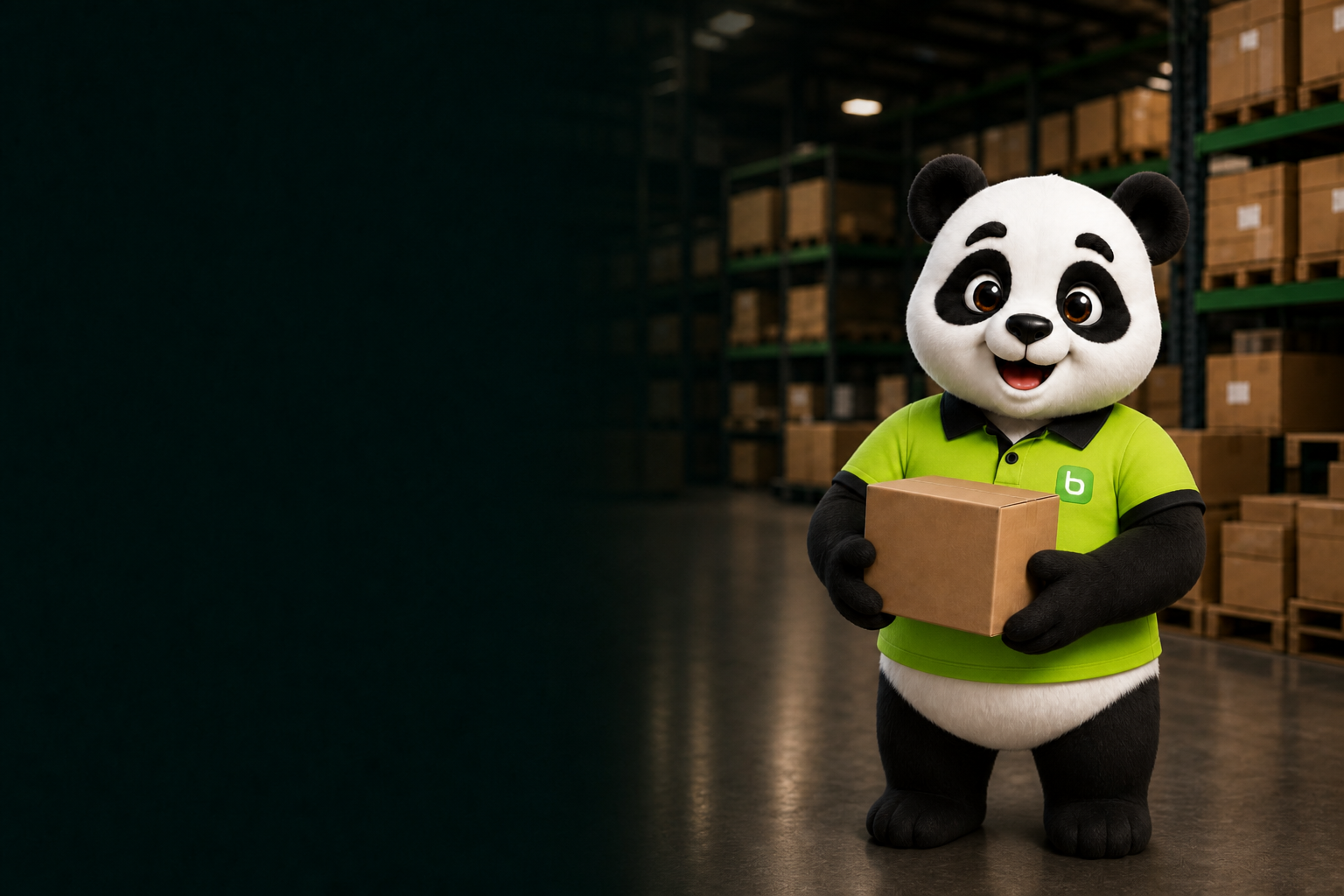 Mascote Bamboo no estoque com caixas e o sistema na tela