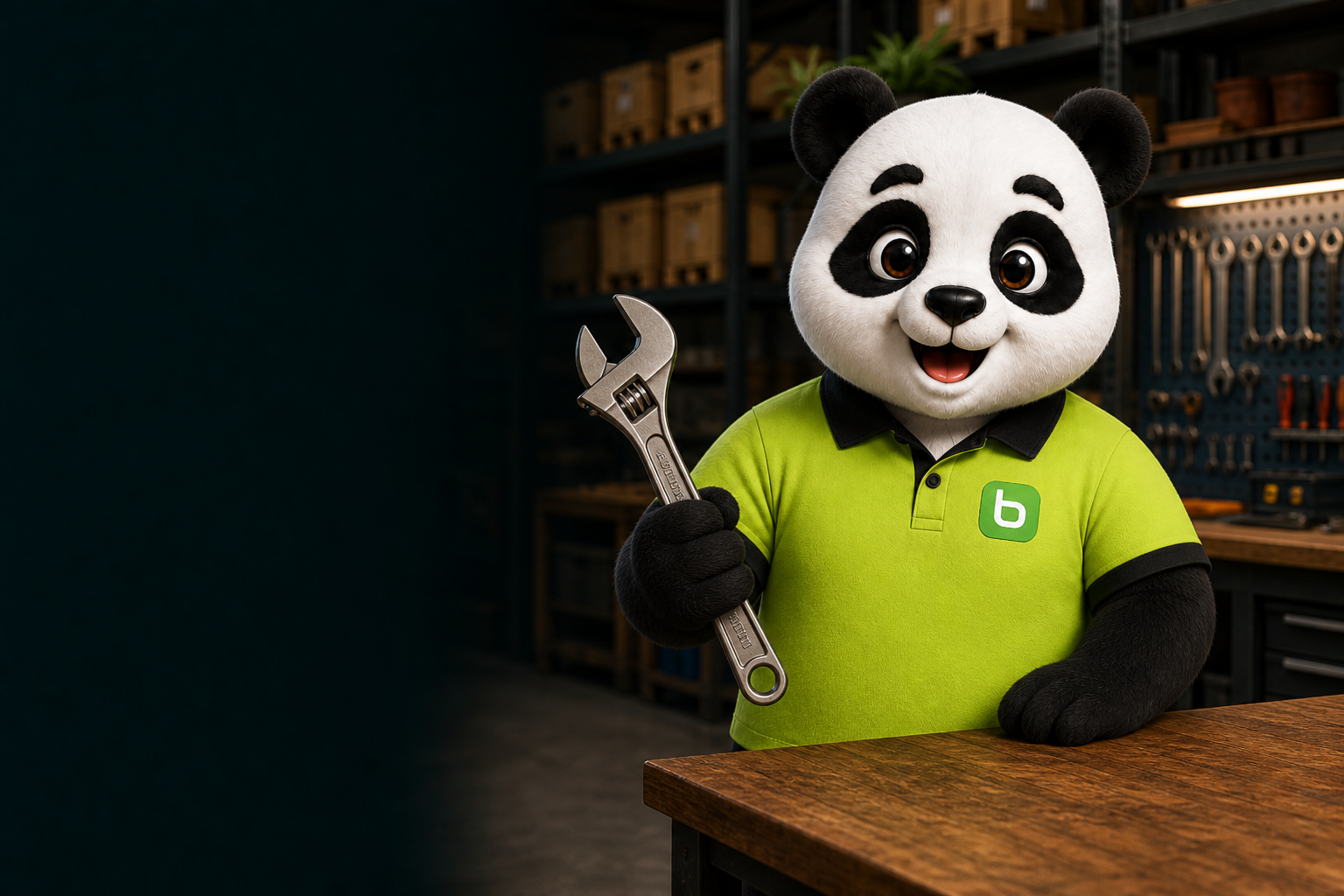 Mascote Bamboo técnico na oficina com chave na mão