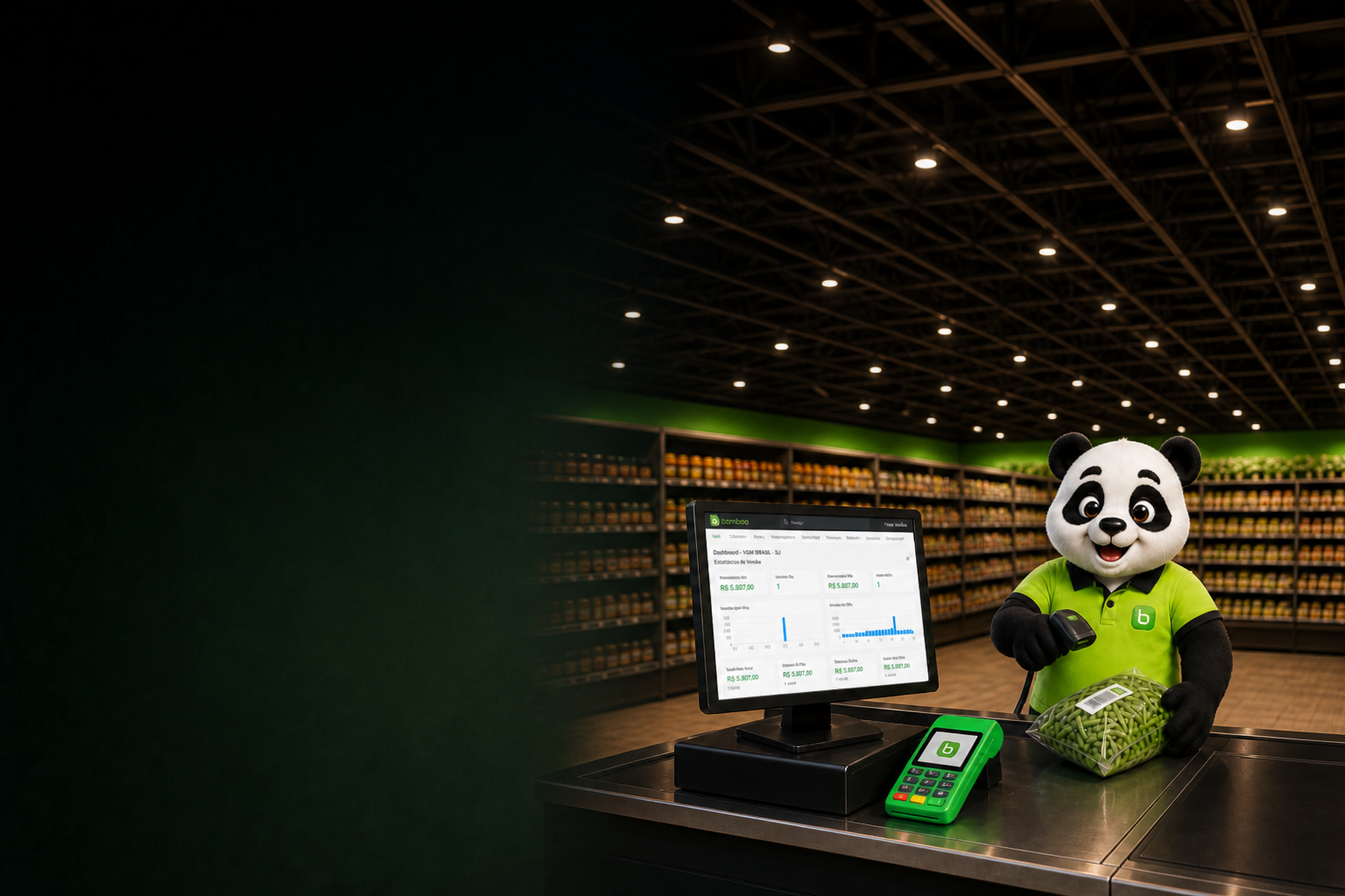 Mascote Bamboo no caixa do mercado com o sistema na tela